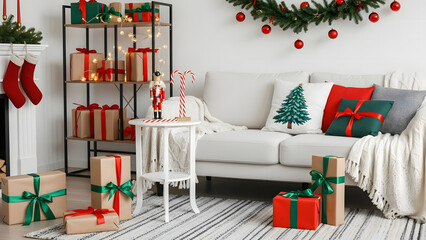 Cozy living room decorated for christmas with gifts, stockings, nutcracker, candy canes, and festive pillows on sofa