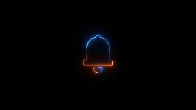 Neon line ringing bell icon. Glowing neon bell sign outline notification pictogram. Notification neon icon. Alarm bell isolated on black background.