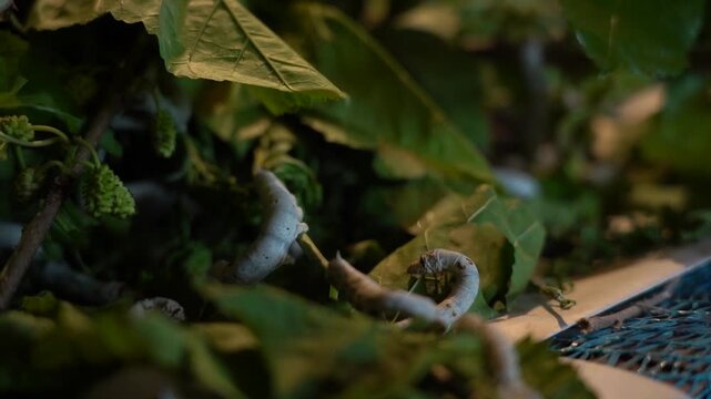 Silkworms on branches with leaves - a close-up of the silk breeding process