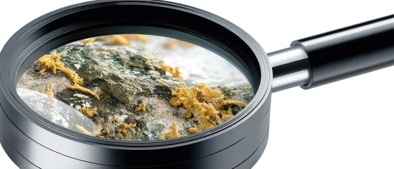 Close-up view of a magnifying glass showing green bacteria in liver on white background with detailed illustration and realistic appearance