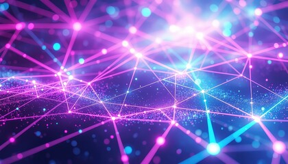 Interconnected glowing nodes forming a vibrant digital network with shimmering particles in a futuristic abstract background