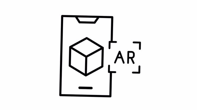 Augmented Reality (AR) Mobile Technology Icon: Smartphone Displaying 3D Cube with Virtual Overlay, Line Art Vector
