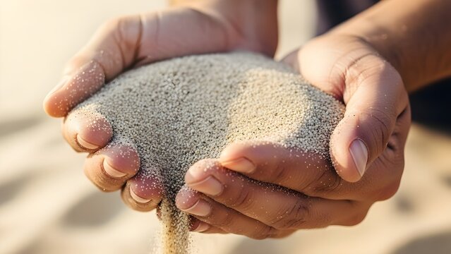 Hands holding sand grains close up with soft focus for conceptual themes