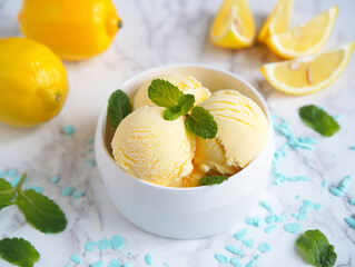 Ice cream with fruits mint lemon in a bowl on a plate
