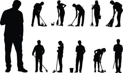 Set of Black Silhouettes of Diverse People Working and Maintaining Outdoors, Engaged in Activities like Gardening, Sweeping, and Yard Work, Isolated Vector Graphics for Service Industry