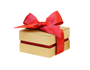 Golden gift box with red ribbon bow isolated on white or transparent background