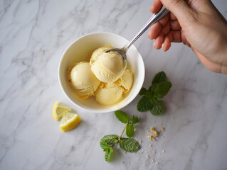Ice cream with fruits mint lemon in a bowl on a plate