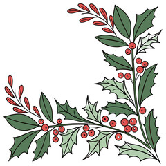Hand Drawn Christmas Holly Corner Border Vector, Festive Wreath Arrangement with Green Leaves and Red Berries, Winter Holiday Decorative Element & New Year Greeting Card Design &ndash; Traditional Plant