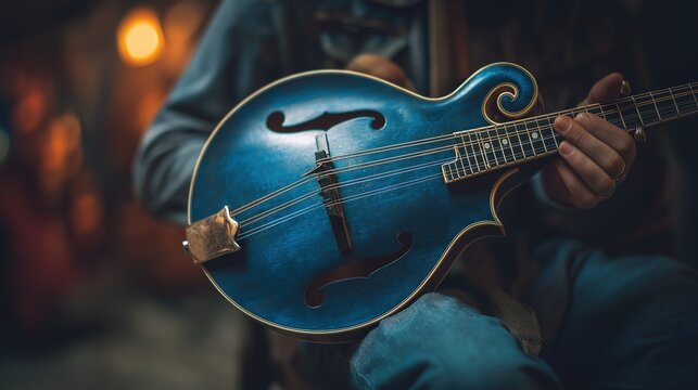 Blue Mandolin Player in Warm Bokeh