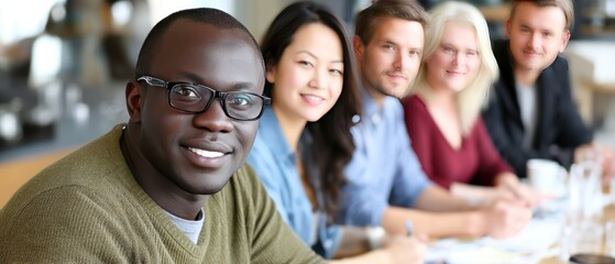 Fototapeta premium Group of young professionals collaborating on a project during a coffee break in a modern office setting with a smiling man in glasses