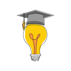 Continuous single one line sketch drawing of bulb lamp idea graduation student college hat cap education vector illustration editable stroke