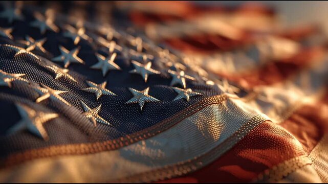 Closeup of Waving American Flag Flapping in Wind During Sunset with Vibrant Colors