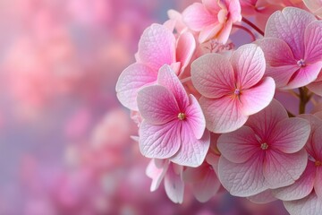 Fototapeta premium Close-up of pastel pink hydrangea flowers with soft, dreamy petals for romantic garden decor and photography