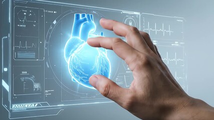 Hand Interacting with a Blue Digital Heart on Screen with Abstract Graphics and a Clean White Background in a Futuristic Display