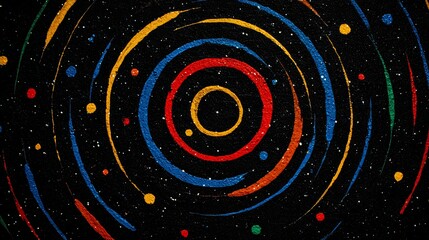 Colorful, abstract painting of a galaxy with a black background. The painting is full of bright colors and swirls