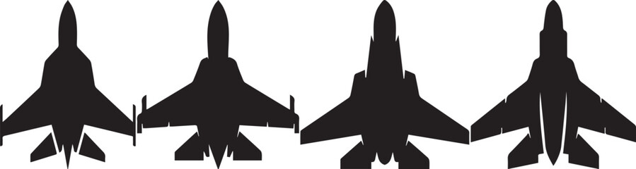 Military fighter jet silhouettes displayed in various views for aviation vector design projects