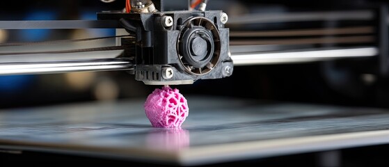 3d printer creating pink meat in laboratory setting with blue light and blurred background during a modern food technology demonstration