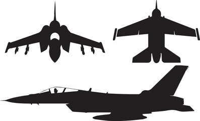 Military jet silhouettes in multiple angles for aviation design, defense graphics, and illustration work