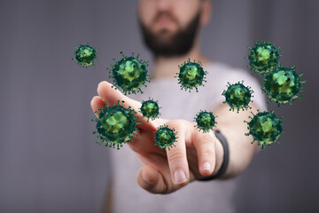 Conceptual image of a man interacting with virus particles. Representing disease, infection, health, and medic