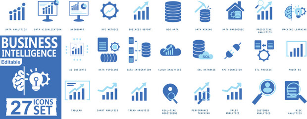 Editable Business Intelligence and Data Analytics Icon Pack with 27 Vector Symbols for KPI Dashboard, Reports, Big Data, Strategy Planning, Insights and Performance Tracking