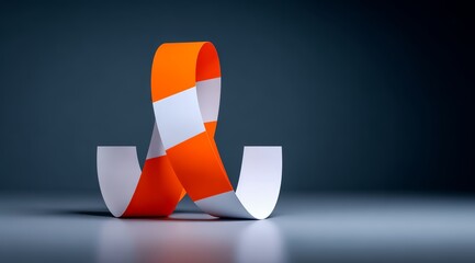 Long strip of paper with orange and white stripes. The paper is folded into a spiral shape