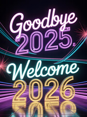 Obraz premium Goodbye 2025 welcome 2026 neon sign