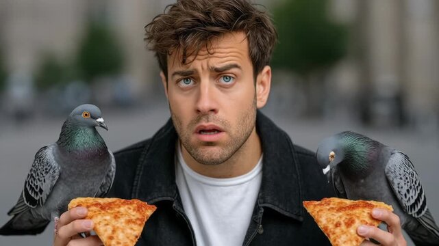 Man with puzzled expression holds slices of pizza while two pigeons curiously approach, capturing a humorous moment, camera zooms in on the interaction and facial reactions