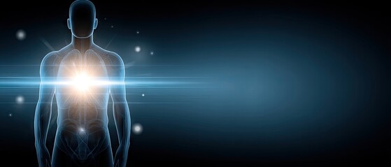 Human anatomy design with glowing elements showcasing stomach and abdominal structure for medical technology