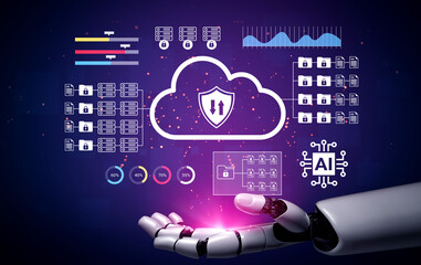 A futuristic robotic hand interacts with a cloud icon, showcasing data protection features, AI analytics, and cybersecurity elements in a vibrant digital landscape. Gantry