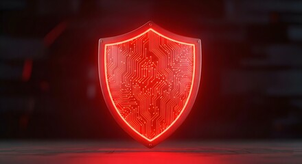 Red glowing digital shield with an internal circuit board pattern, symbolizing strong cybersecurity and network protection