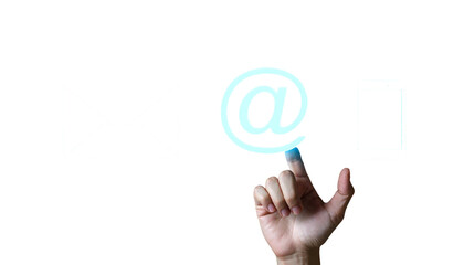 Hand points to the email symbol between an envelope & a smartphone icons