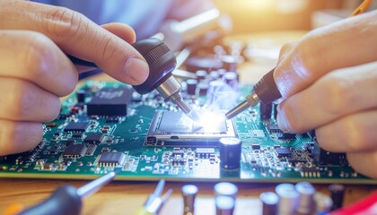technician soldering microchip on green pcb with bright light flare