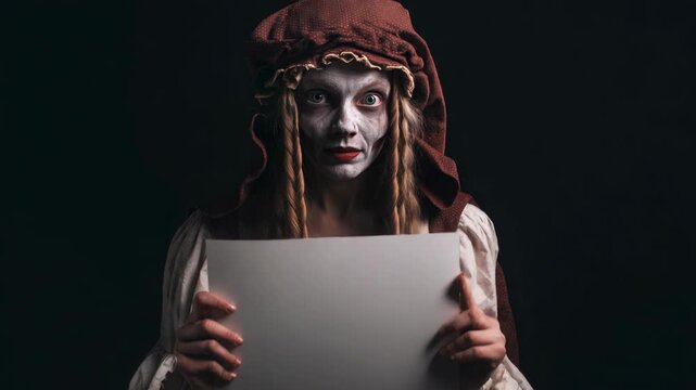 Creepy woman in vintage costume and ghostly makeup holding blank white sign, dramatic lighting, dark background, concept of horror message