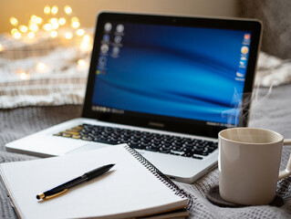 Fototapeta premium Cozy Workspace Laptop Notebook and Coffee on a Bed