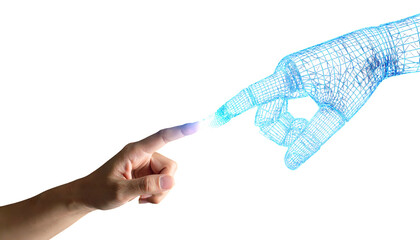 A human finger touching a glowing, digital wireframe hand against a black backdrop