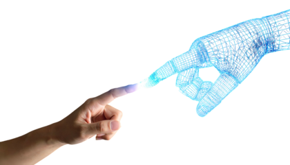 A human finger touching a glowing, digital wireframe hand against a black backdrop