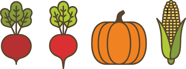 Simple vegetable illustration set featuring beets, pumpkin, and corn in flat minimal style, autumn harvest produce graphic collection