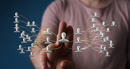 Abstract image representing a network of connected individuals. The hand pointing towards the central node suggests connection and communication