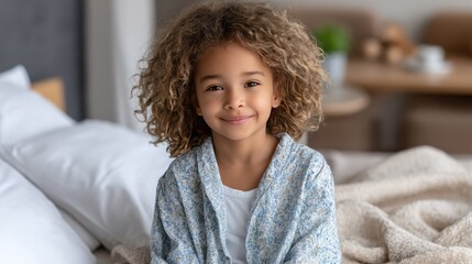 Happy girl child patient sits on hospital bed in medical room smiling and looking at camera with copy space in high quality