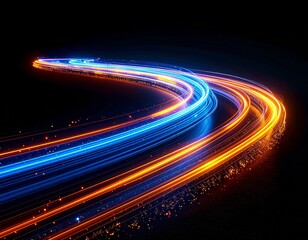 Curving Streaks of Blue and Orange Light Trails on Black Background