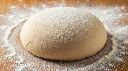 Dough ball resting on wooden surface with flour scattered around  