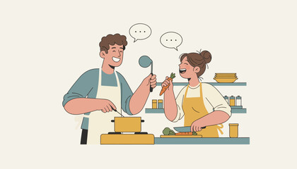 A couple cooking dinner together exchanging playful banter and laughter emphasizing teamwork and communication in everyday activities.