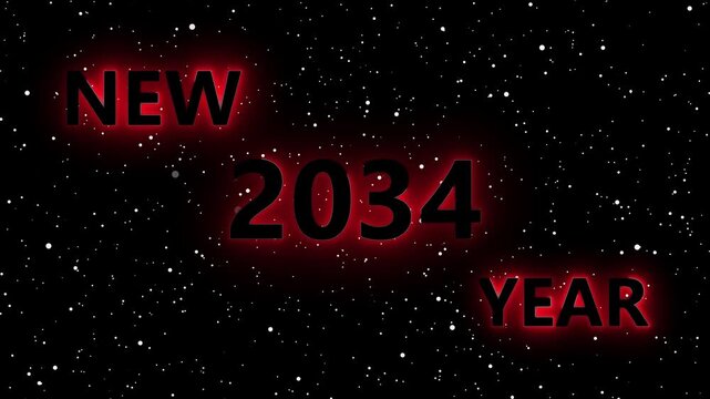 Happy New Year Neon 2034 Animation &ndash; red Particles Celebration Loop. Glowing Neon 2034 Text with Snow Particles &ndash; Festive Holiday Motion Graphic