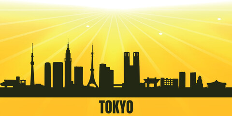 A stylized black silhouette panorama of Tokyo on a bright yellow background with rays of sunlight diverging from above.