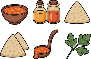 Cartoon food ingredients illustration set featuring soup, seasonings, spices, oil bottles, rice mounds, ladle, and fresh herbs for cooking and recipe designs