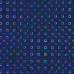 Small flowers pattern doodle shapes motif continuous classic blue background. Modern floral fabric design textile swatch ladies dress, men's shirt all over print block.