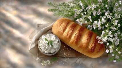   A loaf of bread sits atop a wooden board alongside whipped cream and flowers