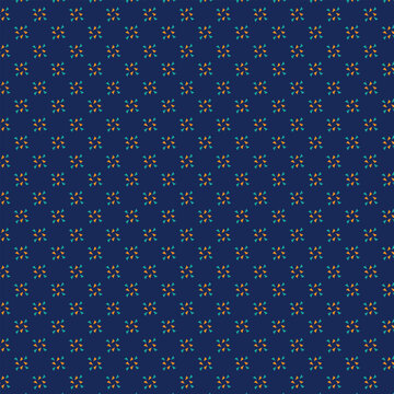Small flowers pattern doodle shapes motif continuous classic blue background. Modern floral fabric design textile swatch ladies dress, men's shirt all over print block.