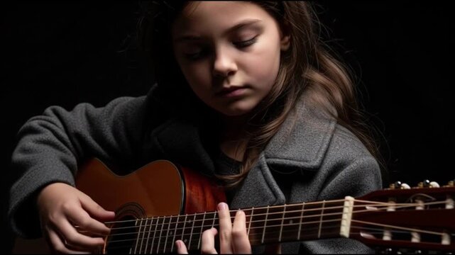 A Serene Young Girl Immersed in Playing Her Acoustic Guitar with Utmost Focus
