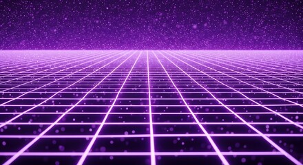 Vibrant purple glowing neon perspective grid in a retro-futuristic virtual reality space, representing cyberspace data, digital technology, gaming, and 1980s aesthetic background